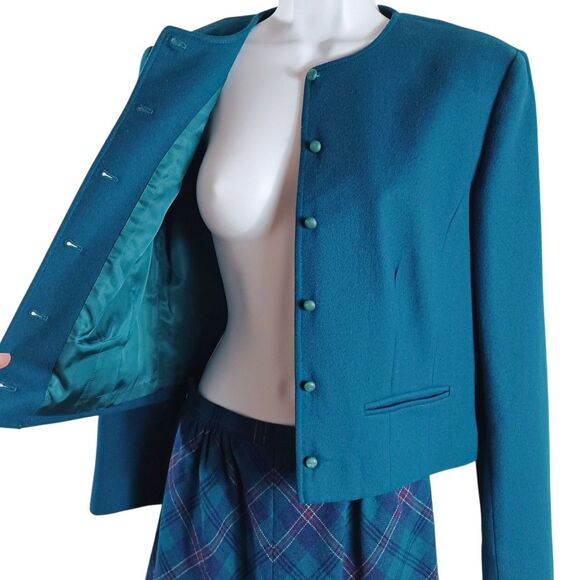 Vtg Pendleton Wool 2pc Suit Set Blue Blazer Plaid Skirt Academia Cottagecore USA - Picture 5 of 13